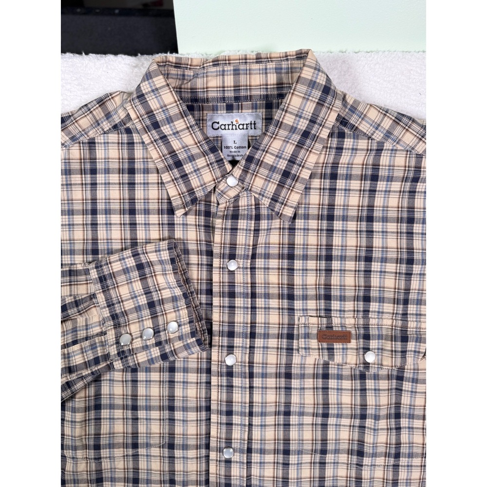 Vintage 2006 Carhartt Mens L Pearl Snap Western Shirt Plaid Tan Navy S140NVY